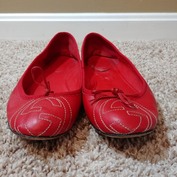 Gucci Red Leather Embossed Logo Ballet Flats Sz 39 - Picture 6 of 8